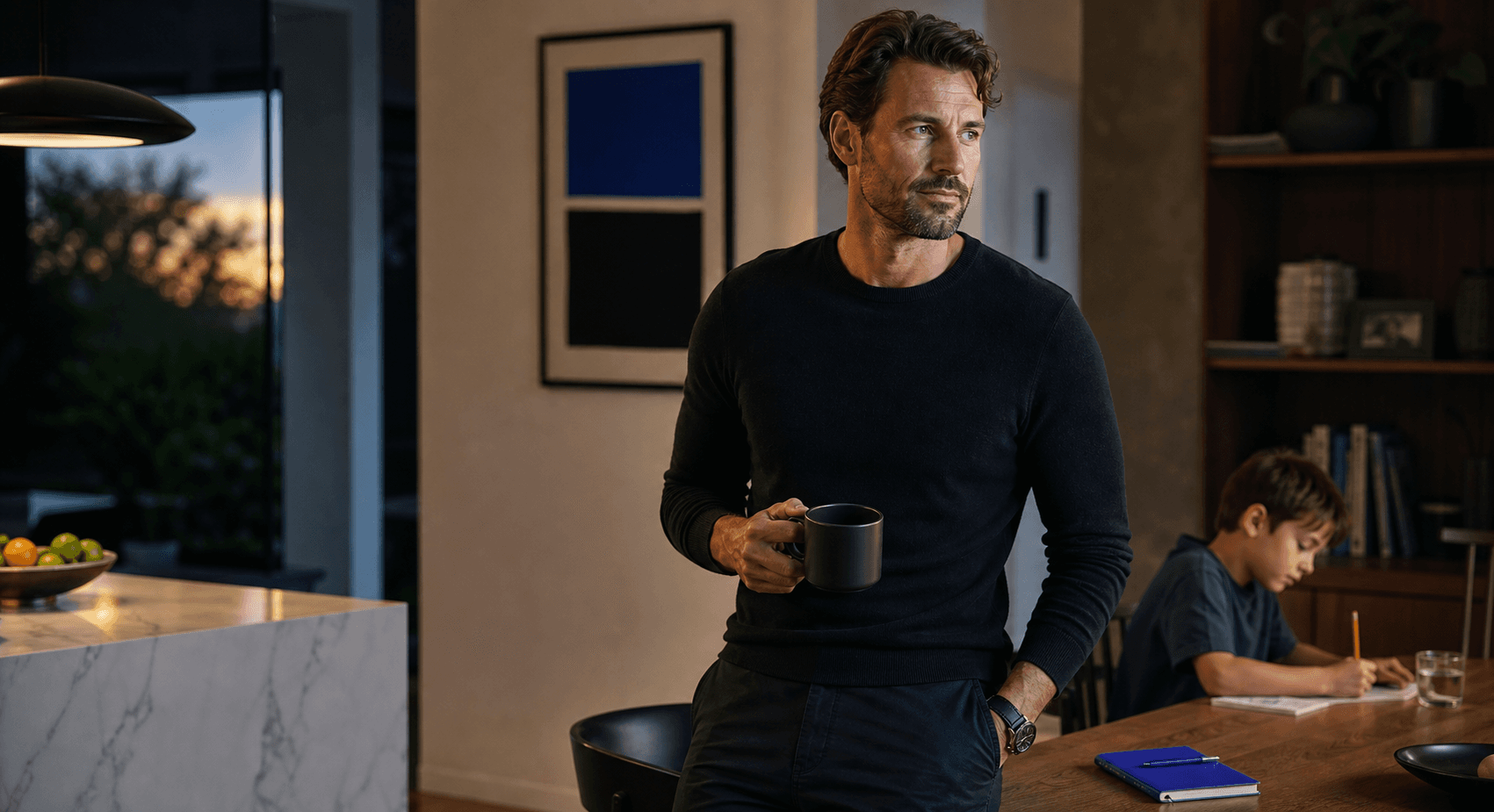 A dad standing at home around 6PM